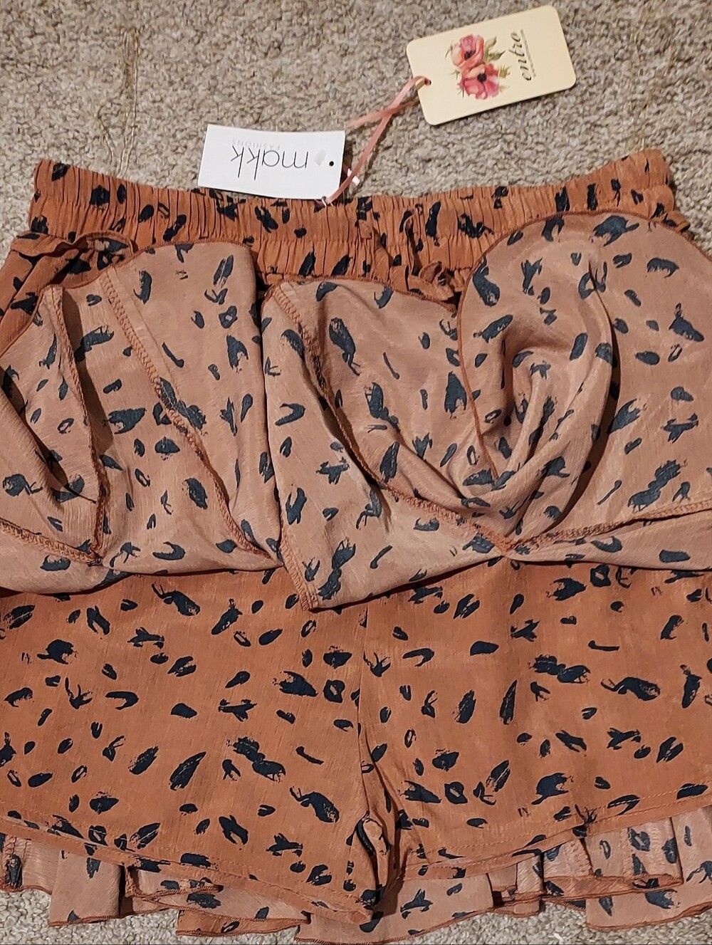 Entro Pleated Ruffle Mini Skirt Skort L Mariah Pull On Black Tan Animal Print - Picture 5 of 9